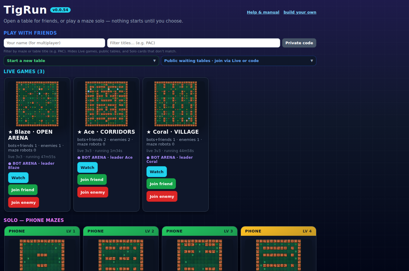 TigRun home lobby with solo mazes and play with friends