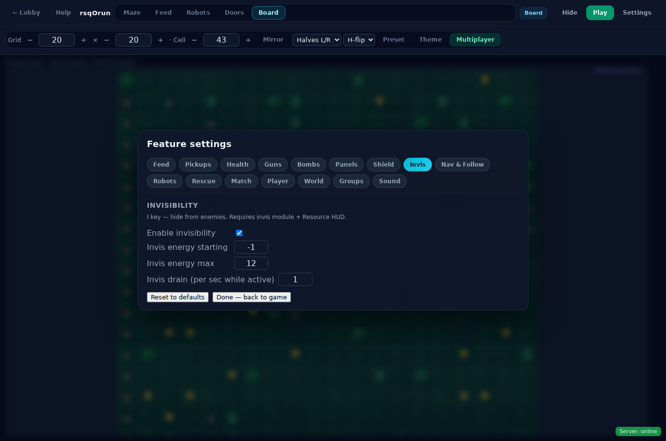 Invisibility settings