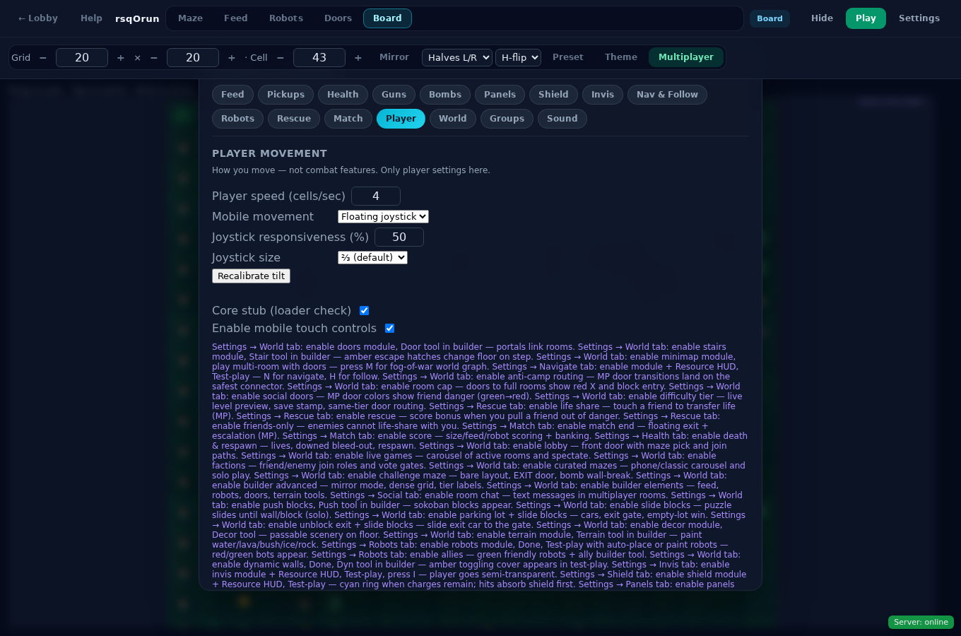Player movement settings