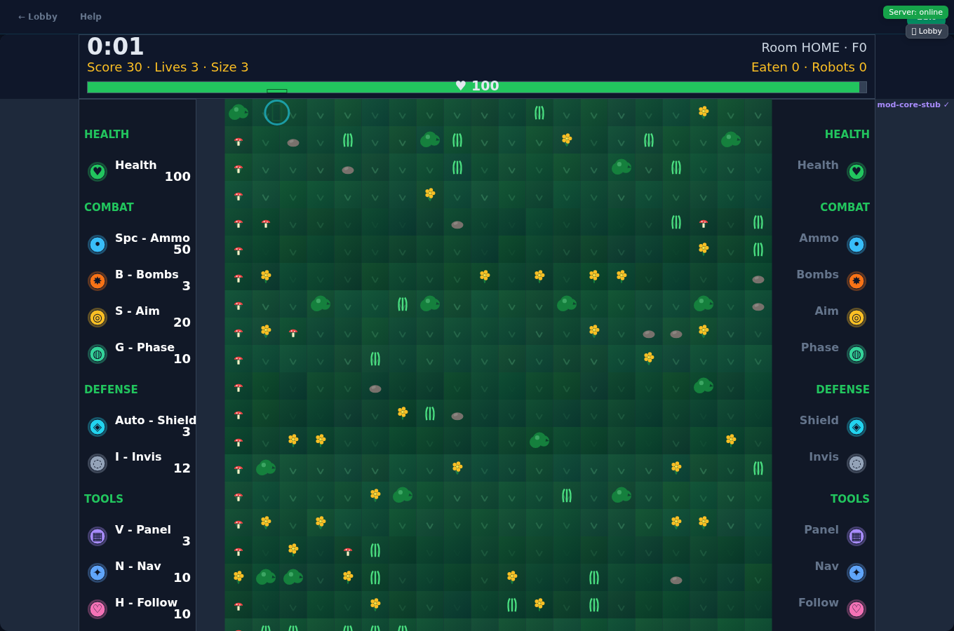Active gameplay with maze grid and ability columns